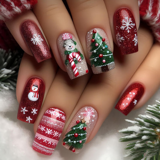 24Pcs Christmas Press on Nail Medium Square Snowman Fake Nail Red Crutch Stick on Nails Full Cover Winter Gel Glue on Nails Xmas Snowflake False Nails for Women Girls Manicure Kit