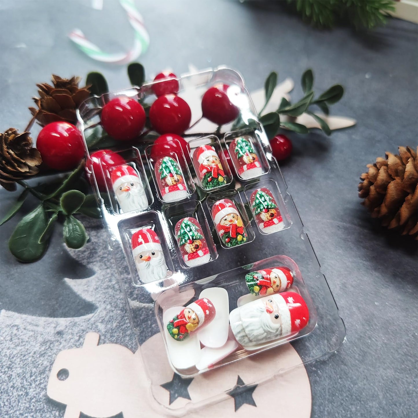 Christmas Medium Square False Nails Glossy Red Christmas Hat Acrylic Fake Nail Cartoon Santa Claus Press on Nails 24Pcs Xmas Tree Stick on Fingernails Snow Gel Glue on Nail for Women Xmas Gift