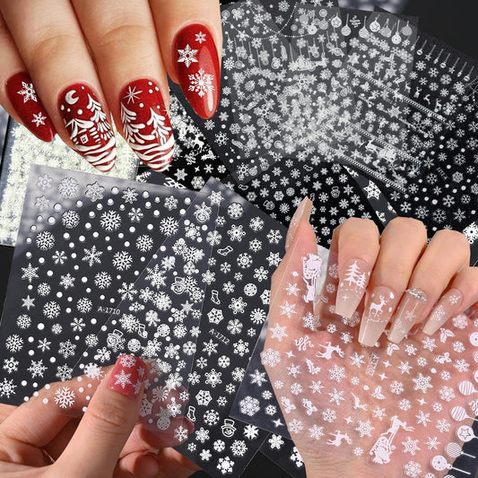 12 Sheets Snowflake Nail Stickers for Nail Art, 1000 Pcs 3D Self-Adhesive White Star Trees Nail Decals, Deer Elk Nail Supplies Nail Art Designs Accessories for Women and Girls Manicure DIY Decoration