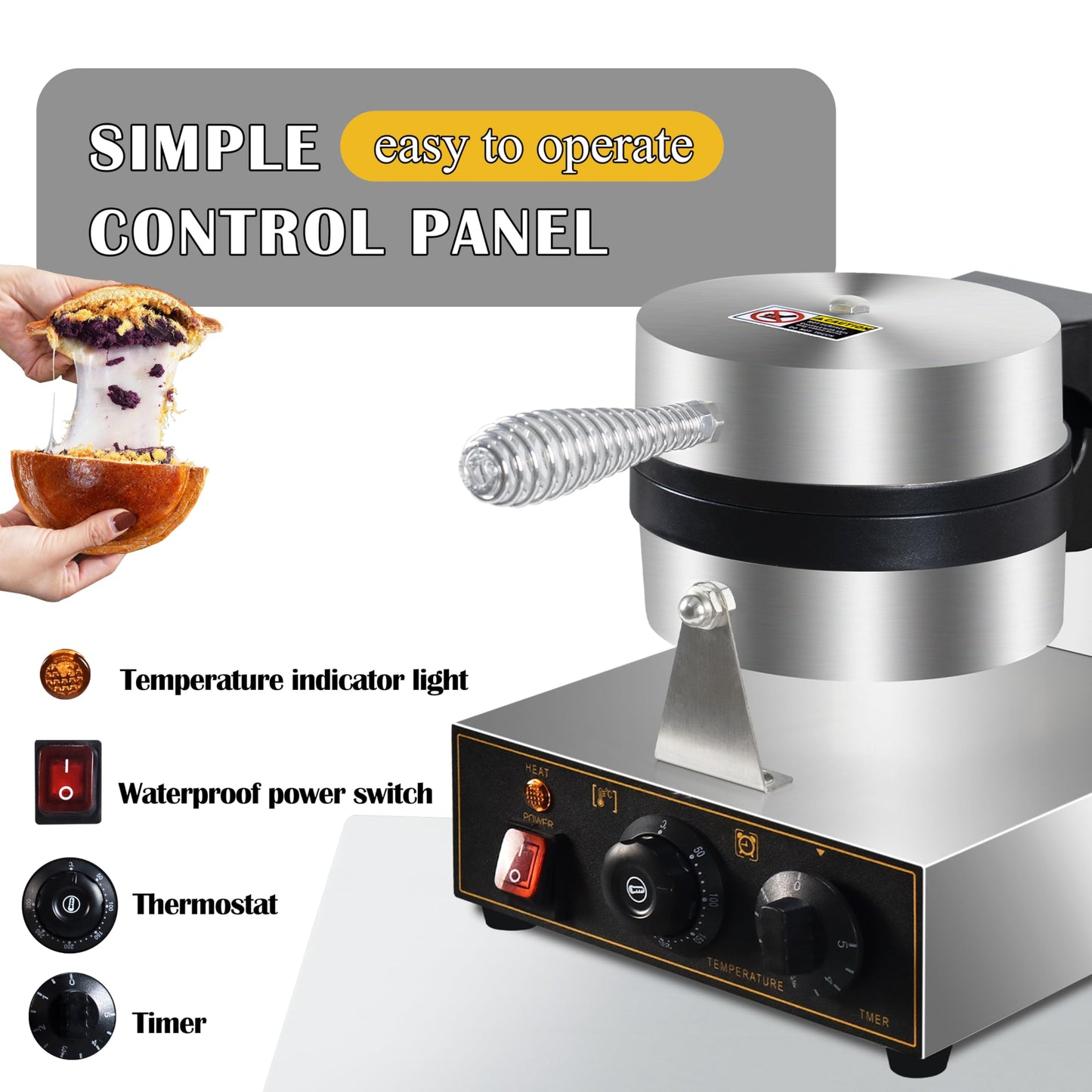 1300W Ice Cream UFO Burger Maker, Burger Waffle Maker, Hamburger sandwich machine Non-stick Panini press waffle machine, Non stick pan coating, stainless steel body, with temp and timer control.