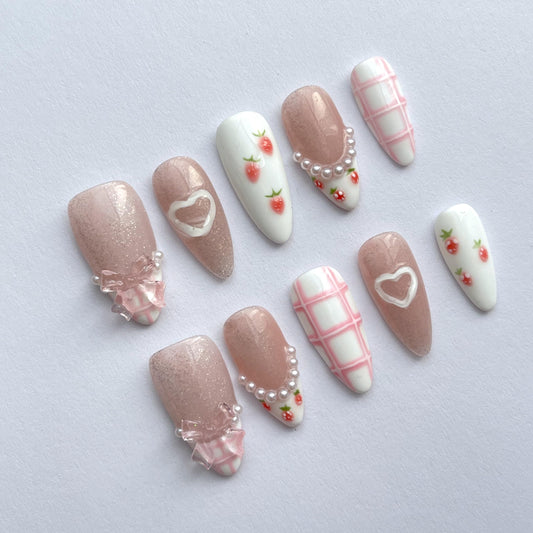 Handmade Press-On Nails Short Almond Nails Reusable Hand-Painted Nails Including Tool Kit 10 Piece (SHN037-S, S)