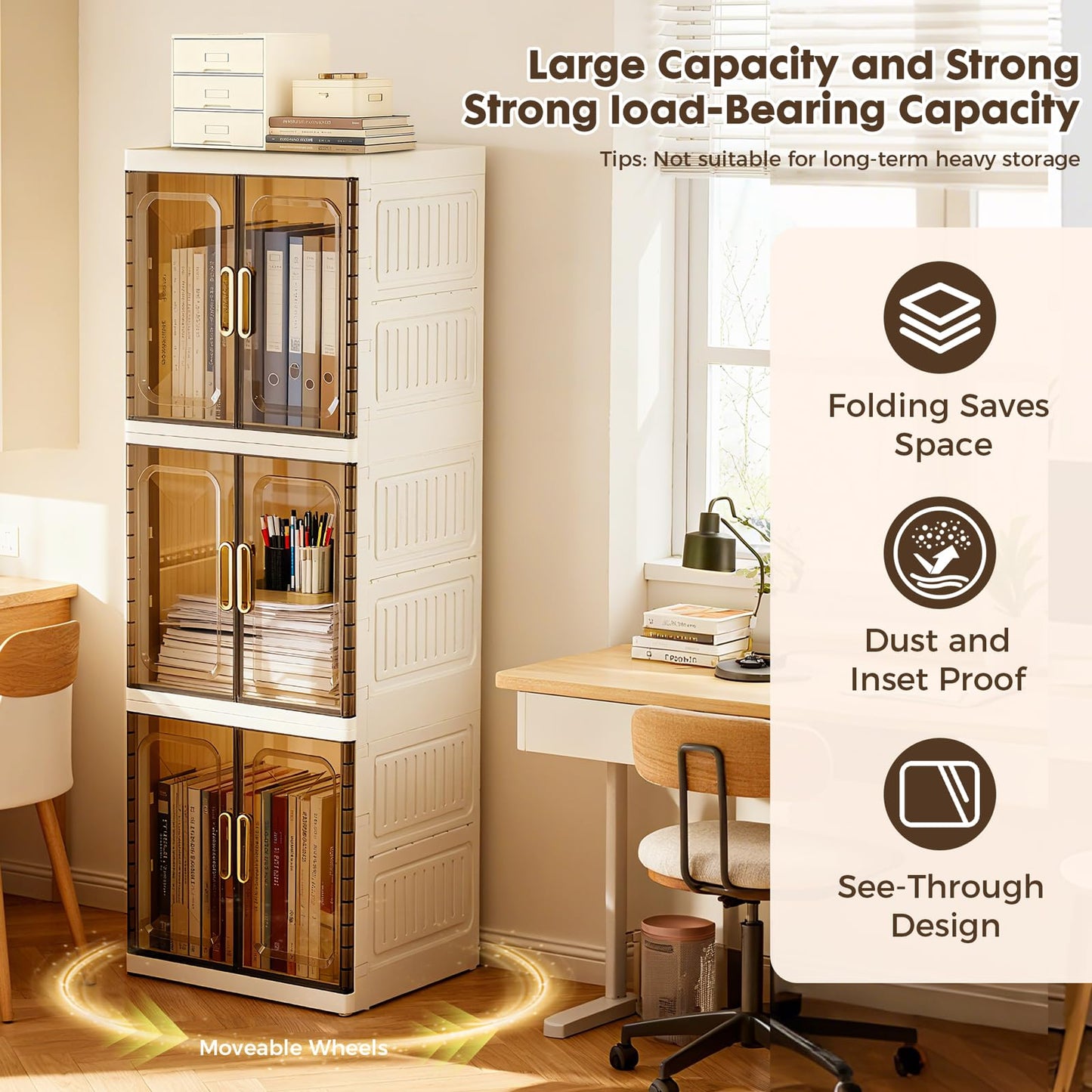 YHB Portable Closet Storage Cabinet, Pet Collapsible Clothes Organizers, White, Collapsible Wardrobe with Visualization Doors, Rolling Wheels for Hanging Long Skirts, Dresses, Suits, etc