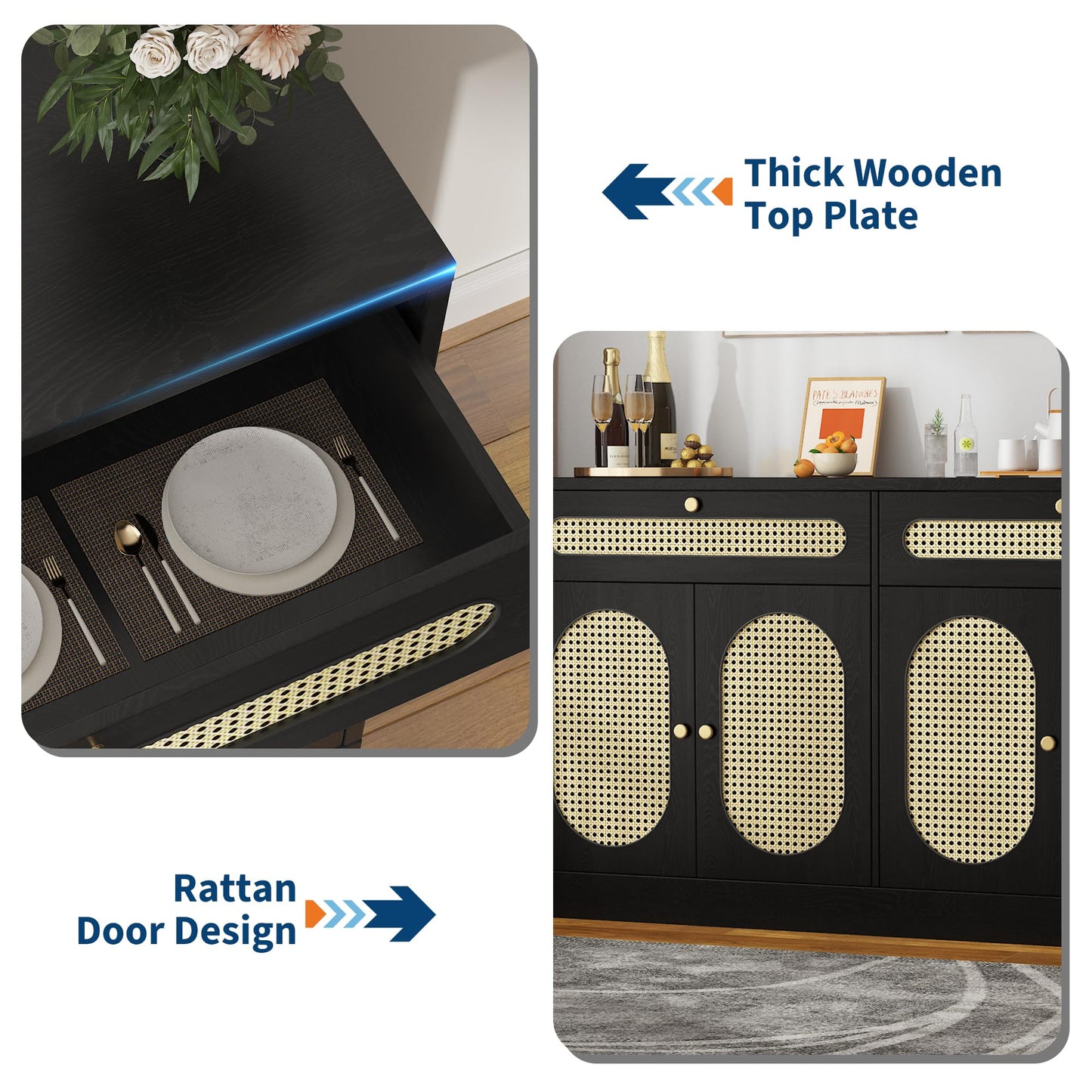 GarveeHome Buffet Sideboard, 60'' Sideboard Cabinet with 2 Drawers and 4 Rattan Doors, Rattan Sideboard with Adjustable Shelves, Black