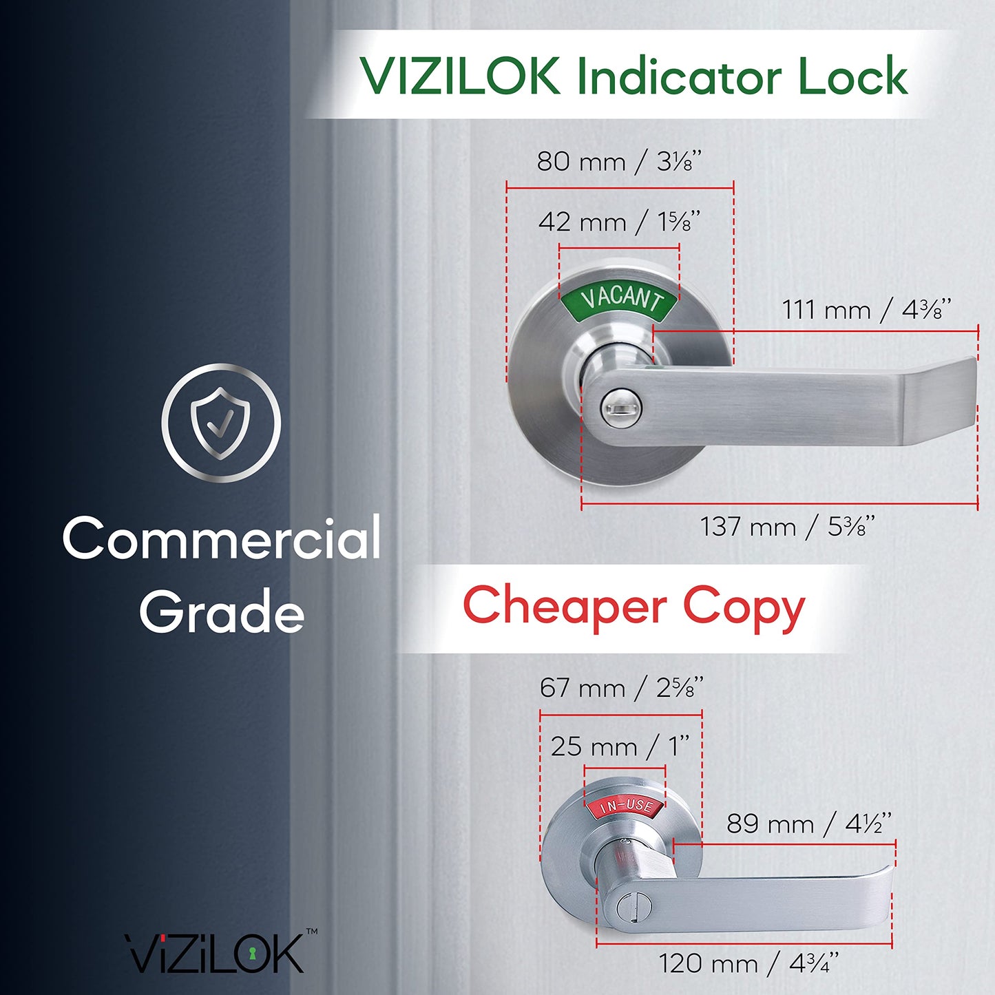 VIZILOK Commercial Door Lock for Bathroom Privacy, Safety, Standard Vacant Occupied Indicator in Satin Chrome, ANSi Grade2, Perfect for Restaurants, Medical Offices, Airbnb, Dorms, Gyms, Fitting Room