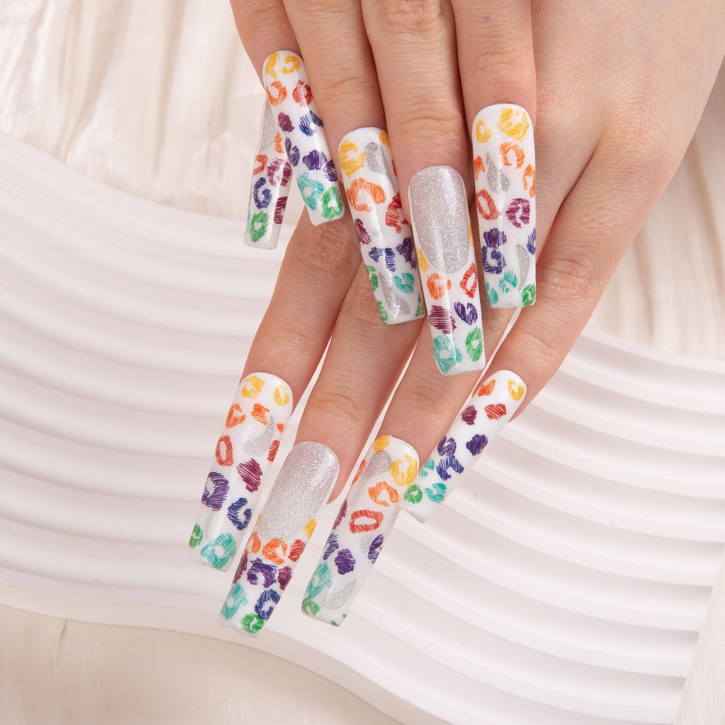 LOVFUL Press on Nails Rainbow Leopard| Handmade with Full Covered Crystals| Reusable Fake Nails| Square Mid length 1.7in| H242-L
