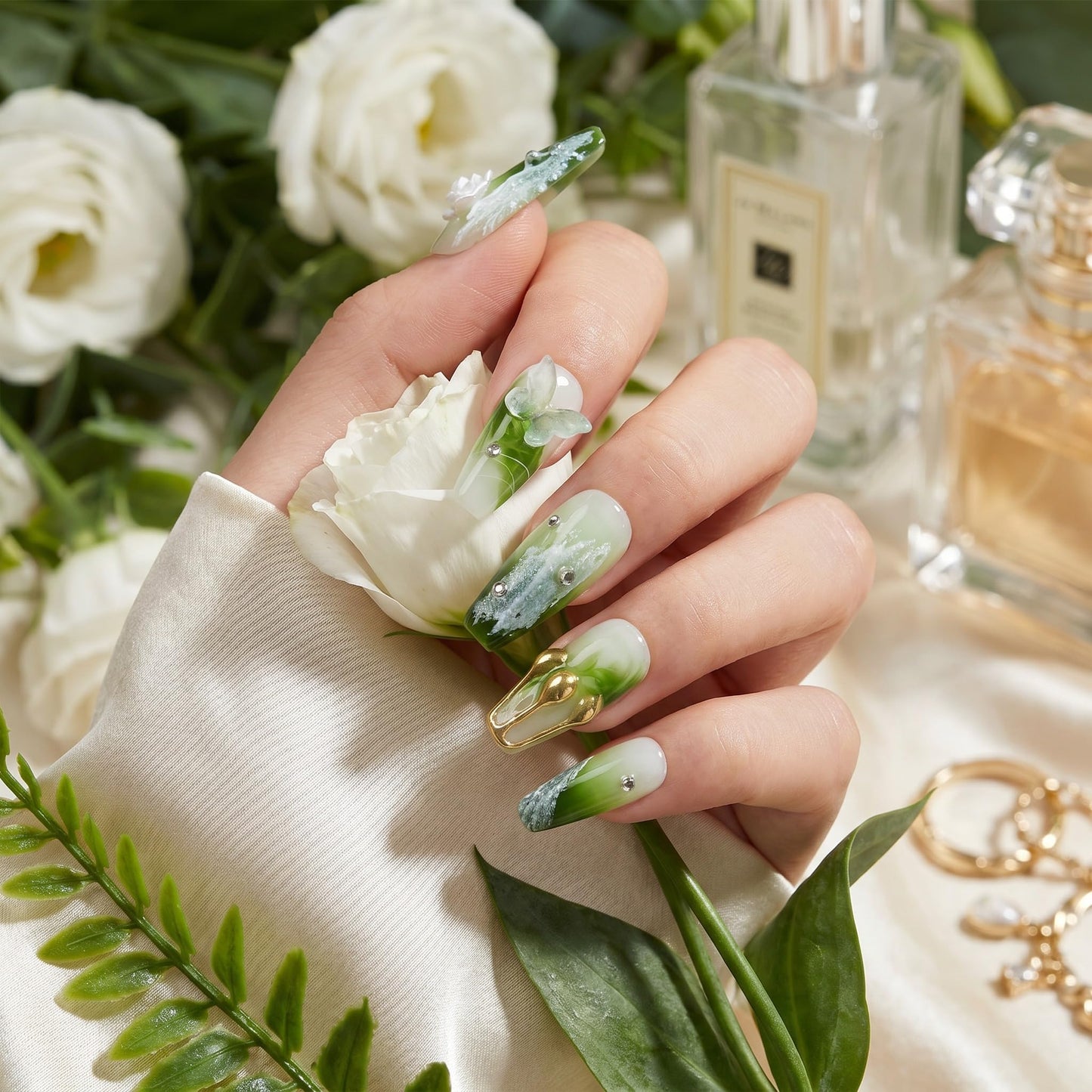 Sun&Beam Nails Handmade Press On Nail Medium Long Coffin Ballerina Green Flower Butterfly Fake Tip 3D Design Art Charms Cute with Storage Box 10 Pcs (#009 M)