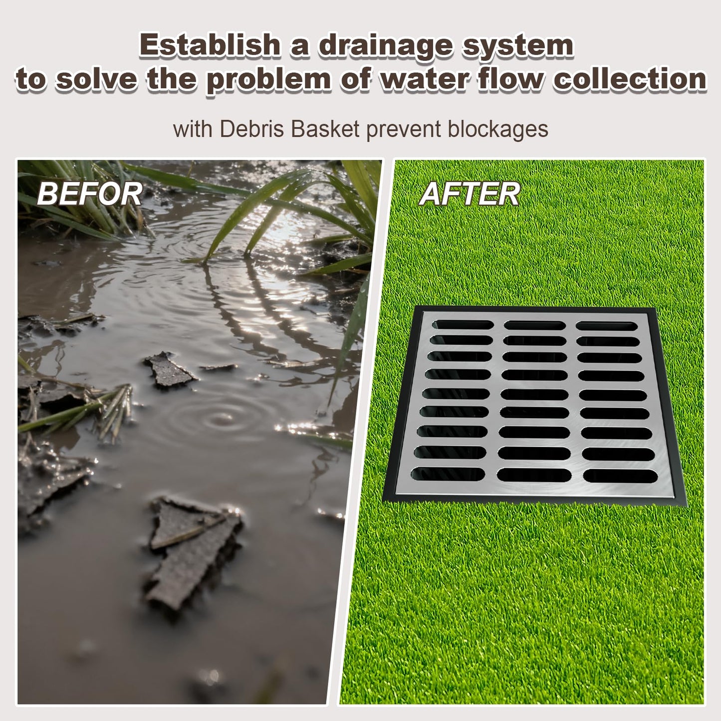 Catch Basin with 304 Stainless Steel Grate, 18x18x15 in Large Drainage Catch with Debris Basket, French Drain Basin Without Reserved Hole for Yard, Downspout, Patio, Municipal Pipeline (1)
