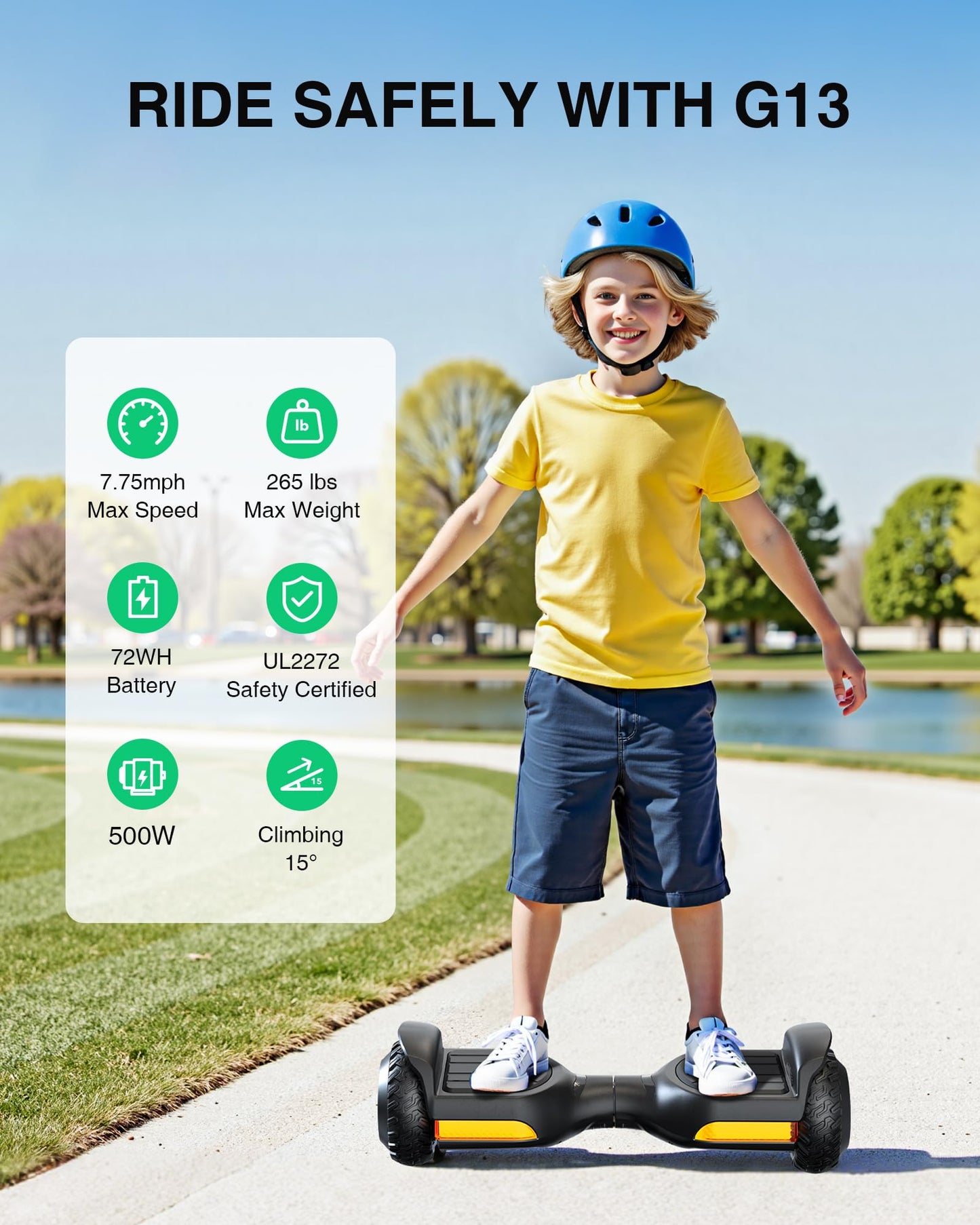 Gyroor Scooter with Adjustable Seat Attachment, 6.5" All-Terrain Self Balancing Scooter, LED Lights & Bluetooth for Kids and Adults, Black