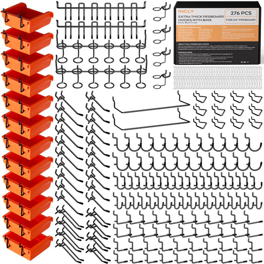 INCLY 276PCS Extra Thick Pegboard Accessories Organizer Kit for 1/4 Inch Pegboard, Heavy Duty Black Peg Board Hook Assortment with Bins, Paper Towel Holder for Hanging Storage, Garage Wall Attachments