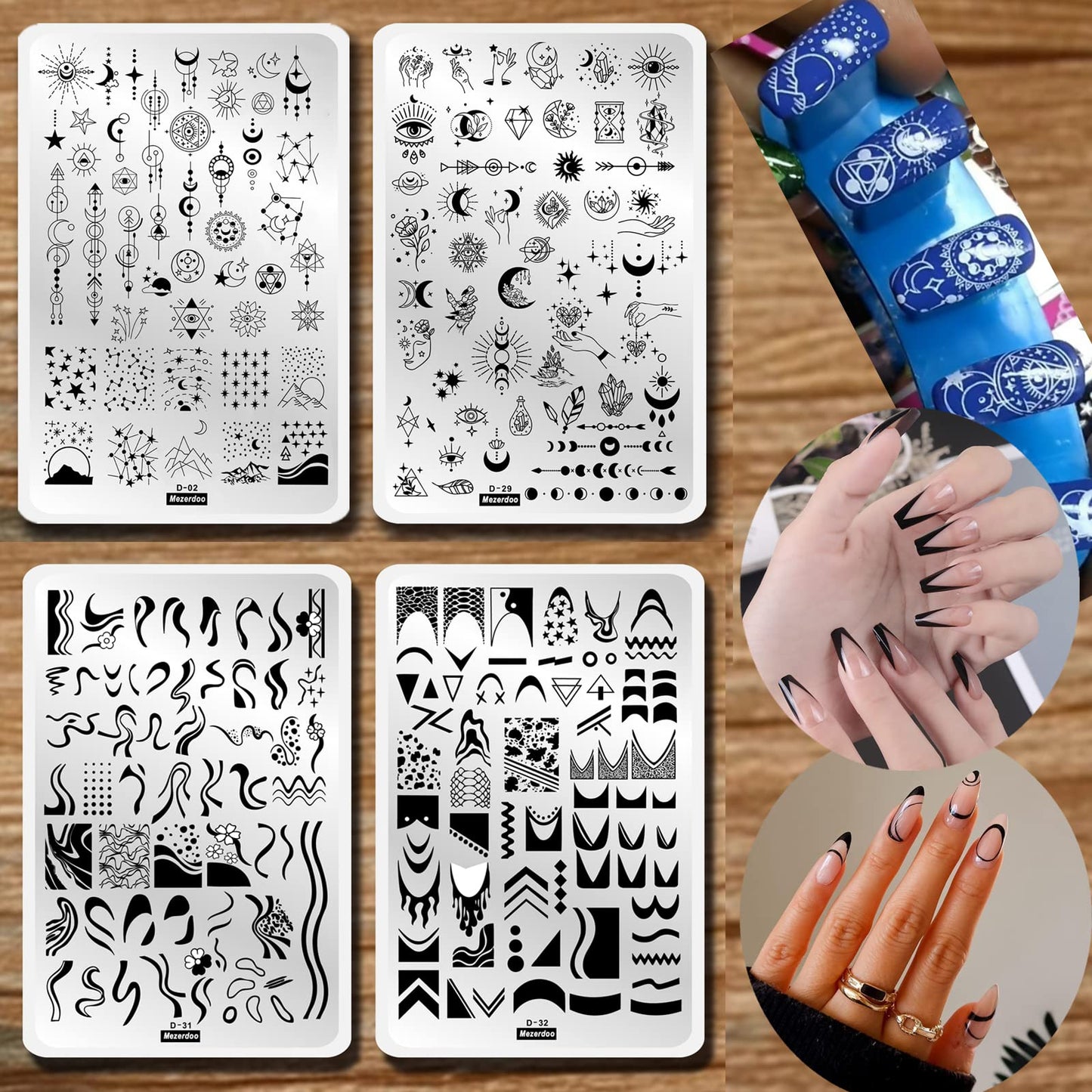 4pcs Large Swirl French Line Nail Stamping Plates French Tip Nail Stamp Plate Starry Star Moon Design Stamping Plates Nail Art Kit Galaxy Night Sky Large Nail Stamp Templates