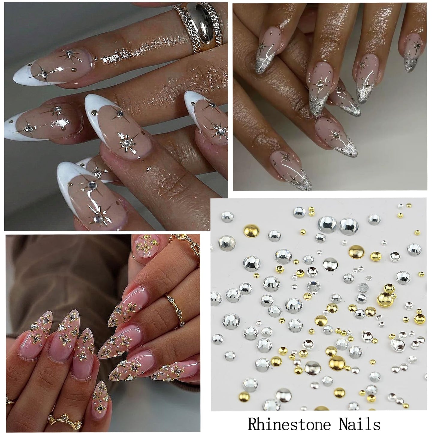 SEMATA Transparent Nail Rhinestones Charms Flatback AB Nail Gems Rhinestones Diamonds Mixed Size Nails Art Charms Stone Half Round Gold Silver Nails Art Accessories Decoration Design for Women