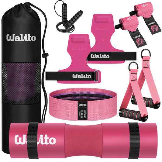WALITO Barbell Squat Pad Set for Women, 10 Pcs Hip Thrust Gym Equipment with Exercise Handles, Wrist Wraps, Lifting Straps, Booty Band & Jump Rope, Portable Cable Machine Attachments