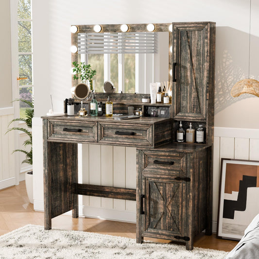 Topcomfy Vanity Desk with Mirror and Lights, Farmhouse Makeup Vanity Desk with Charging Ports, 3 Drawers & Jewelry Storage, 3 Adjustable Light Colors, Make Up Vanity Set for Girls Women, Brown