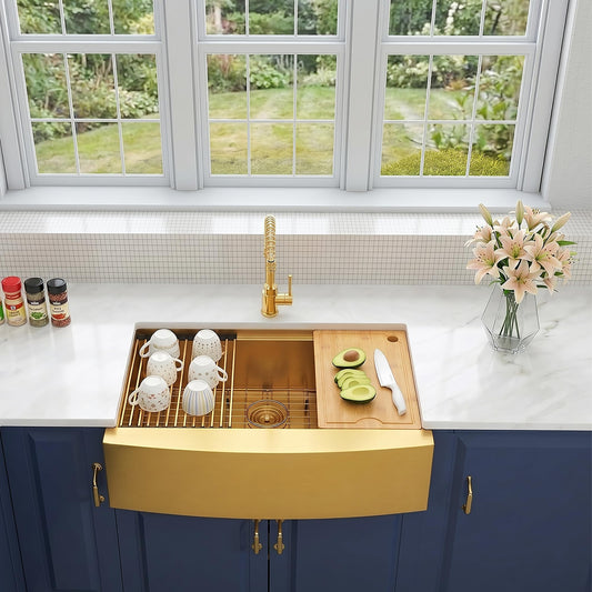 Kitsitchen Gold Farmhouse Kitchen Sink,16 Gauge 304S Stainless Steel Farm Sinks, 33"x20"x10" Large and Deep Apron Front Single Bowl Workstation Sinks with Accessories