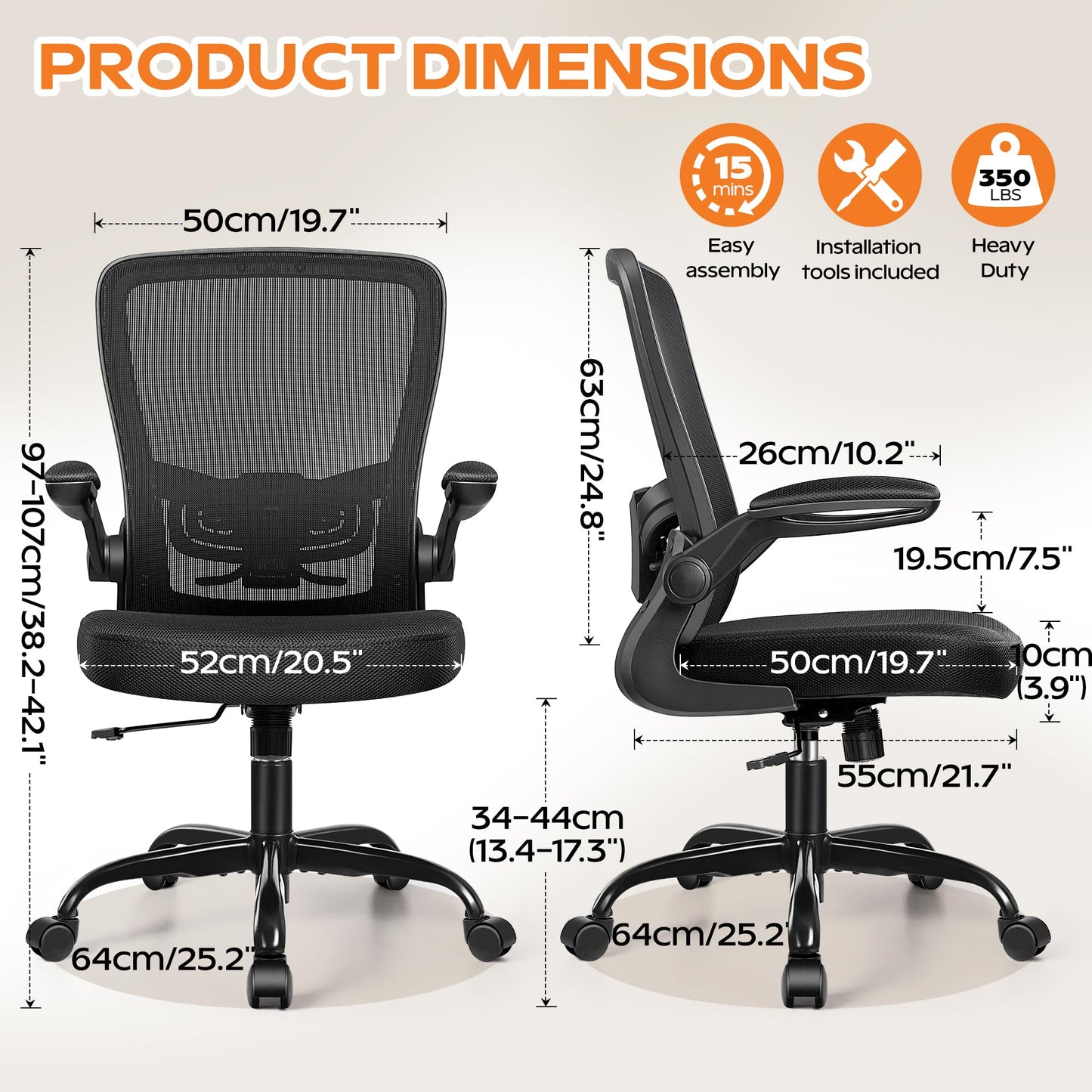 Ergonomic Office Chair 2026 - Mesh Desk Chair with Flip-up Armrests, Adjustable Height and Lumbar, 360° Swivel Comfortable Computer Chairs for Home, Conference Room, Reception, Max 350lbs, Black