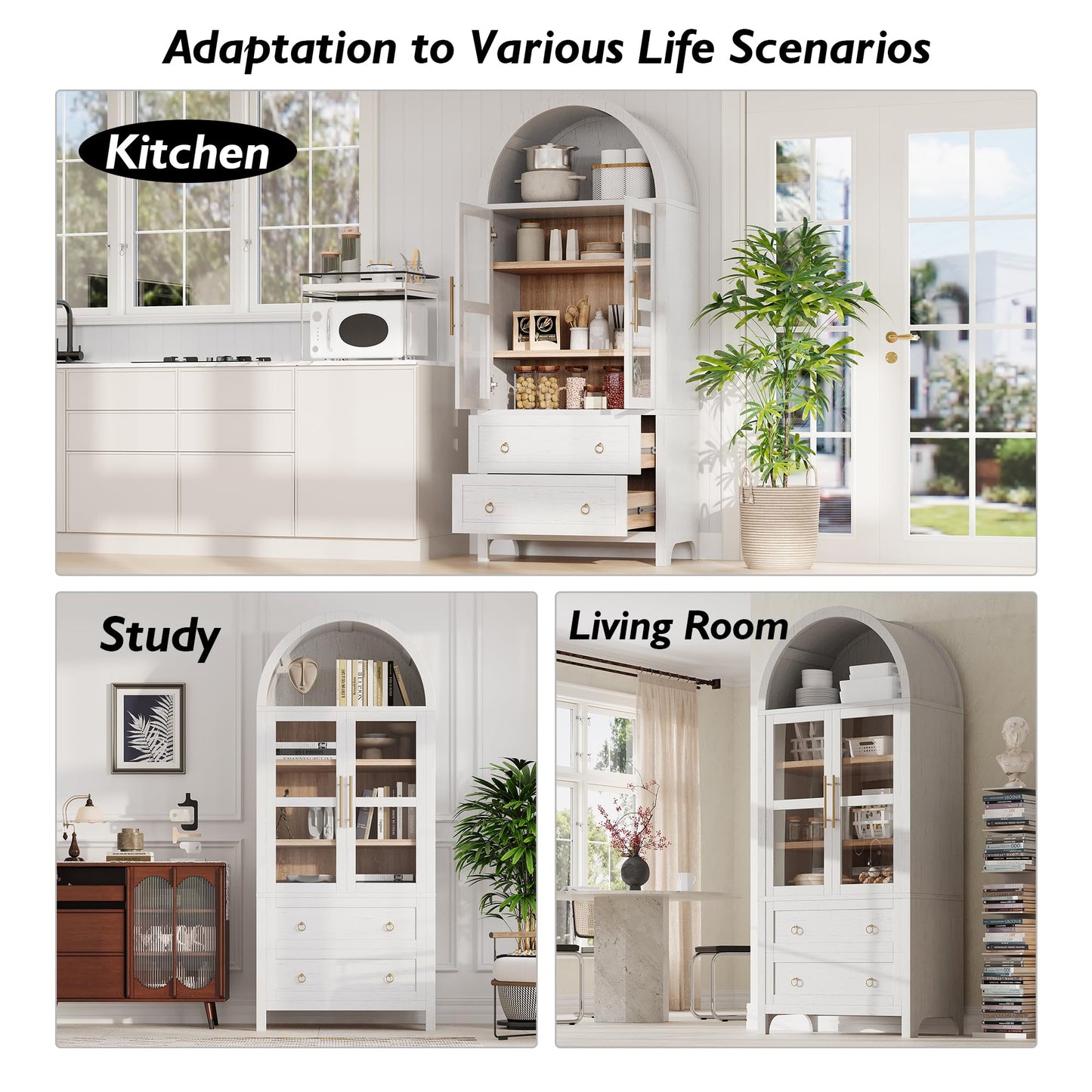 Erteliza 71" Farmhouse Arched Storage Cabinet with Glass Doors, Tall Arched Cabinet with Drawer, Adjustable Shelves & Door Racks, Modern Kitchen Pantry Cupboard, White