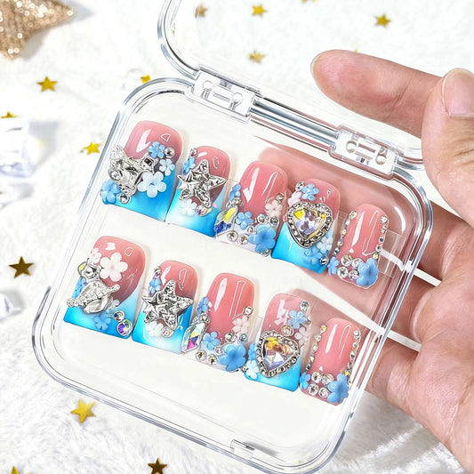 10 Pcs Handmade Acrylic Press on Nails Short Duck Fake Nails with Design 3D Flower Rhinestone Charm Glue on False Nails Blue White French Tip Artificial Handmade Nails for Women - Size M