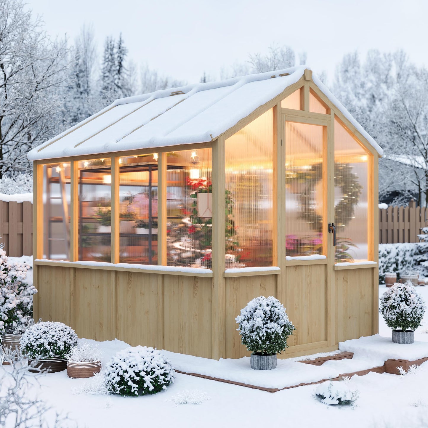 Garvee 6x8 FT Wooden Greenhouse - Walk-in Greenhouses for Outdoors, Large Spruce Frame Green House with PC Panels, Adjustable Roof Vents & Lockable Door, Green Houses for Garden,Backyard,Patio,Lawn