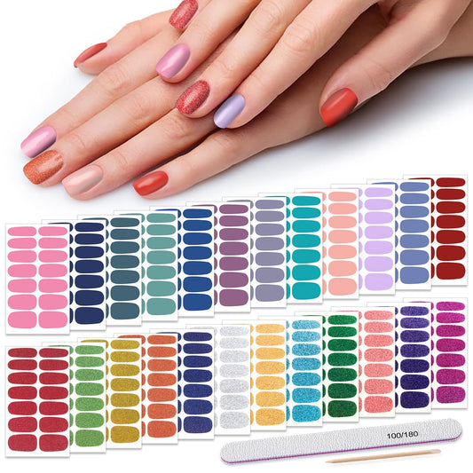 Nail Polish Strips - Solid Color, DANNEASY 24 Sheets Adhesive Nail Polish Stickers Full Nail Wraps for Women Girls Manicure Sticker Fingernails 1Pc Nail File, Cuticle Stick