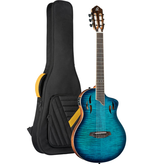 Ortega TourPlayer Deluxe Thinline Crossover Nylon-String Electric Guitar w/Pro gig bag, Flamed Maple Gloss Blue (RTPDLX-FMA)