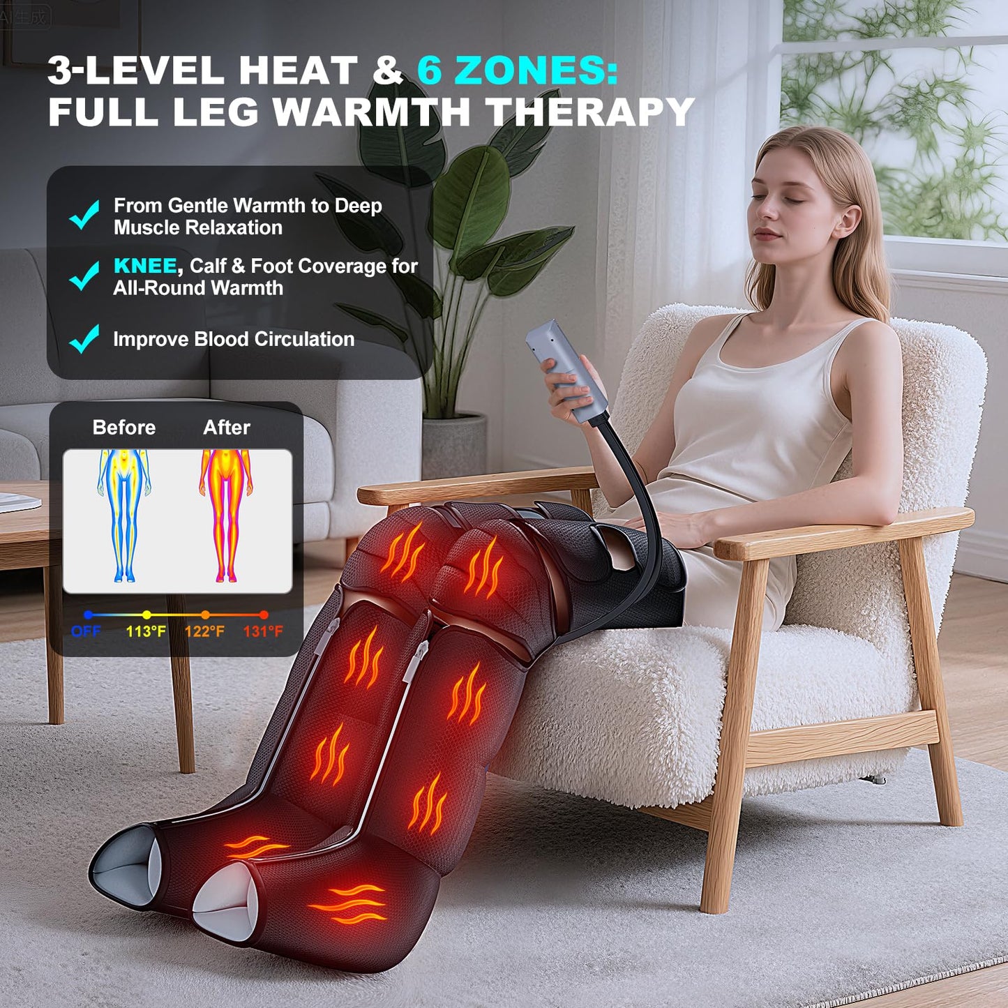 pryfey Leg Massager with Heat and Compression, Foot Massager for Circulation and Pain Relief, 3 Timers, 12 Intensity, 6 Modes,3 Heating with Knee Massager,Mother's Day Gifts for Man Woman,Black