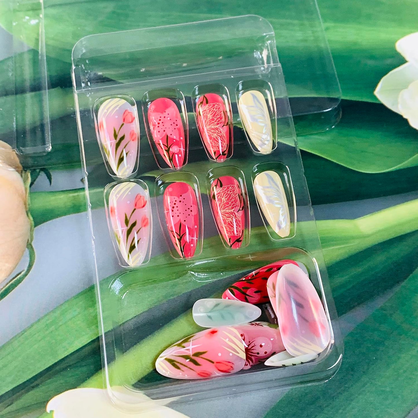 EYZOTSF Press on Almond Nails Medium Length Glossy Full Cover Acrylic Almond Shaped False Nails with Designs Artificial Fake Nail with Charms Glue Stick ons Fingernails for Women Girls(W2015)