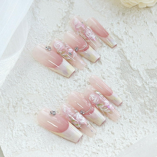 LARSOOY Nails Handmade Press on Nails Long Coffin | Handmade nails with flowers | Reusable hand painted Nails with Design | False Nails 10 Pcs (Rosa Multiflora, M)