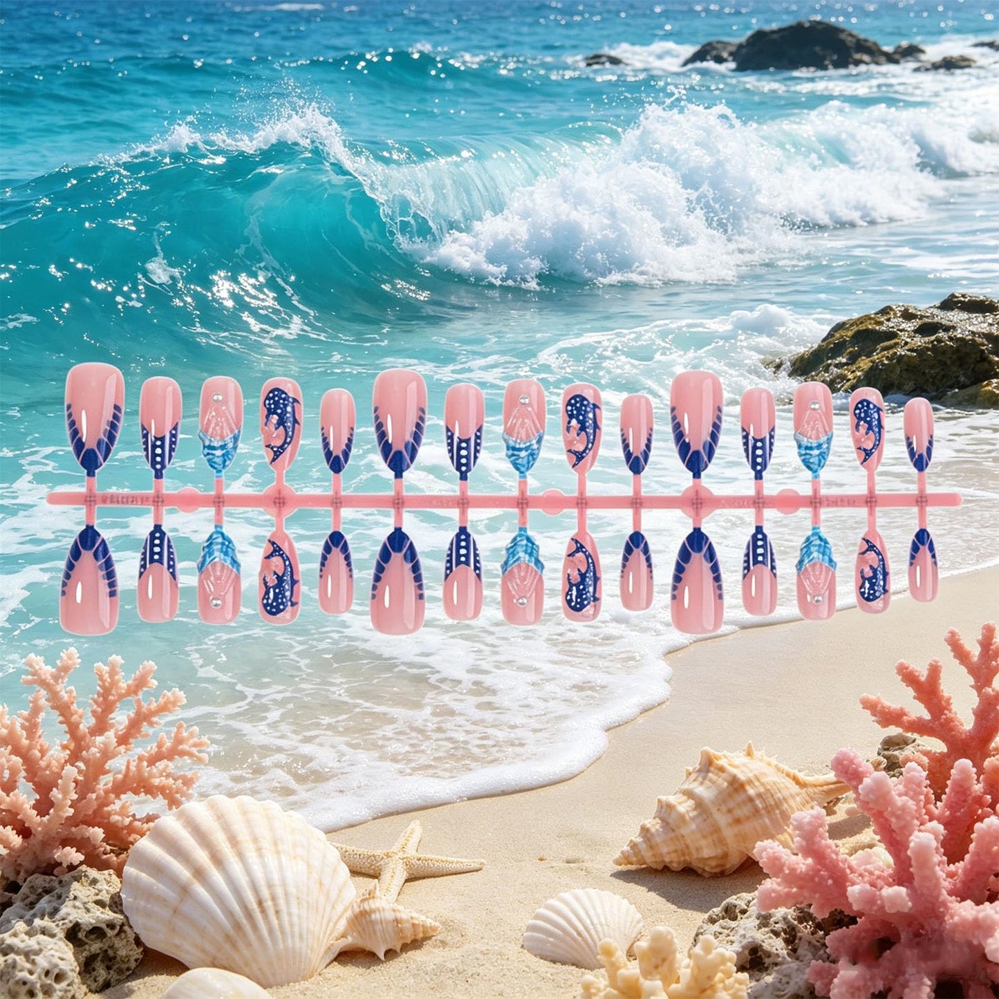 Ocean Press on Nails with Blue Whale Design French Tips False Nails Glossy Blue Beach Medium Almond Fake Nail Summer Stick on Nail Seashell Glue on Artificial Fingernails for Women Daily Wear