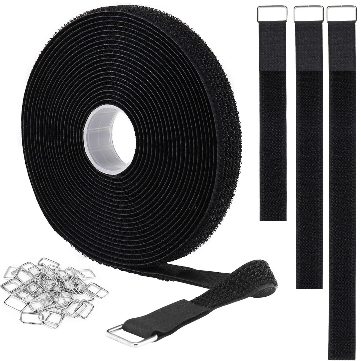YMCRLUX 1"x16ft Hook and Loop Straps with 25 Metal Buckles, Adjustable Fastening Cable Straps, Cut-to-Length Cinch Strap, Reusable Nylon Securing Cord Ties for Organizer or Storage, 1 inch Wide, Black
