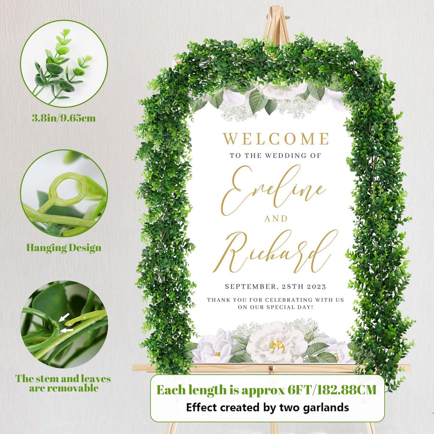 DDHS Artificial Boxwood Garland, 6FT Fake Plant Greenery Eucalyptus Garland Faux Vines Hanging Plant Green Artificial Boxwood Plants for UV Outdoor Indoor Wedding Backdrop Wall Table Farmhouse Party