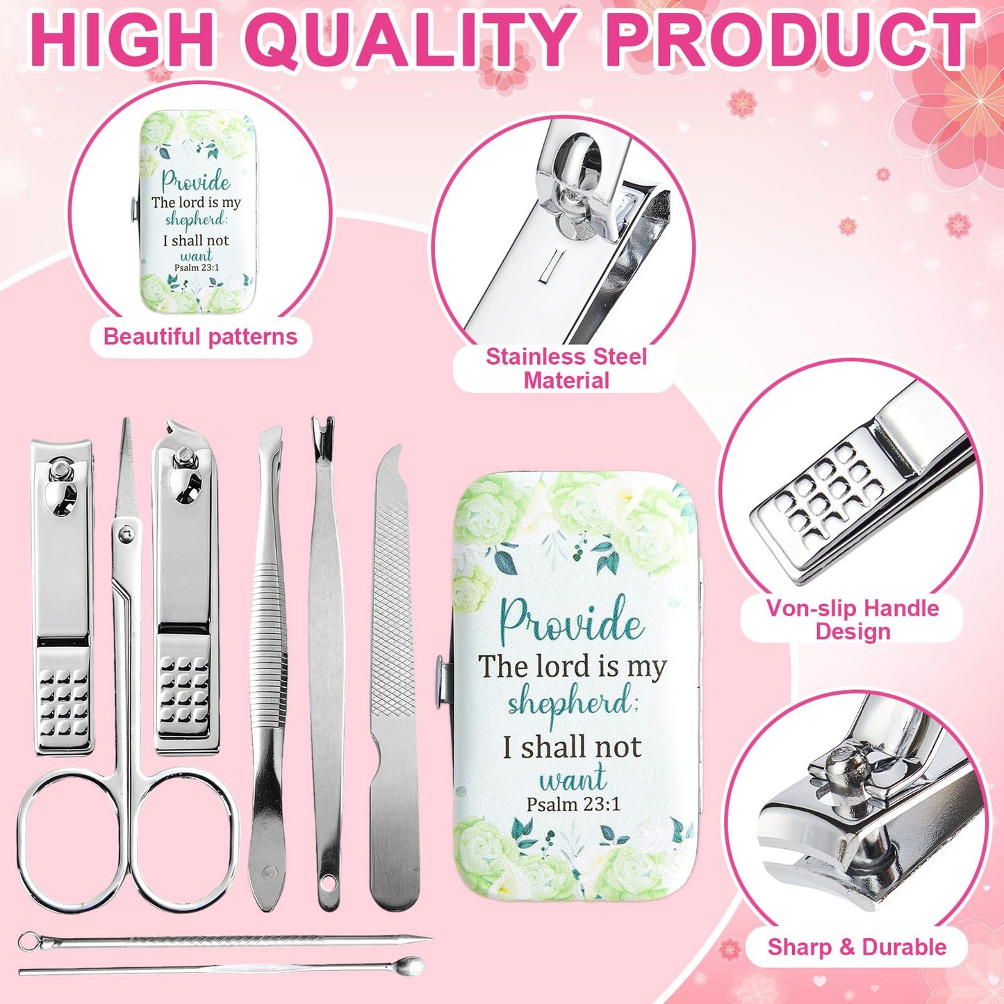 12 Sets Christian Gifts Bulk for Women Religious Nail Clipper Gifts Bible Verse Manicure Kit 8 in 1 Bible Manicure Sets Floral Scripture Stainless Nail Gift for Staff Women Wedding Party Supplies