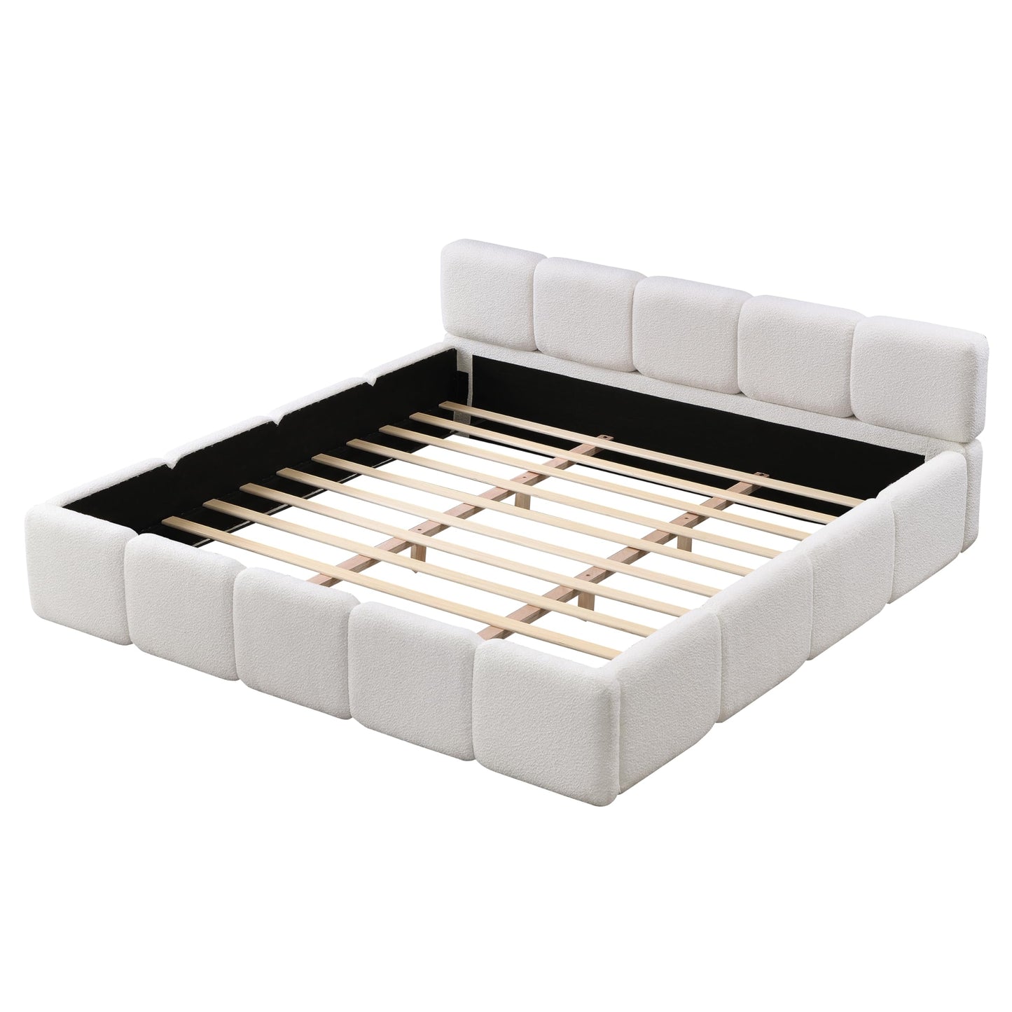 Merax King Size Boucle Platform Bed with Thick Headboard and Footboard, Block Style Upholstery Floor Bed Frame, White