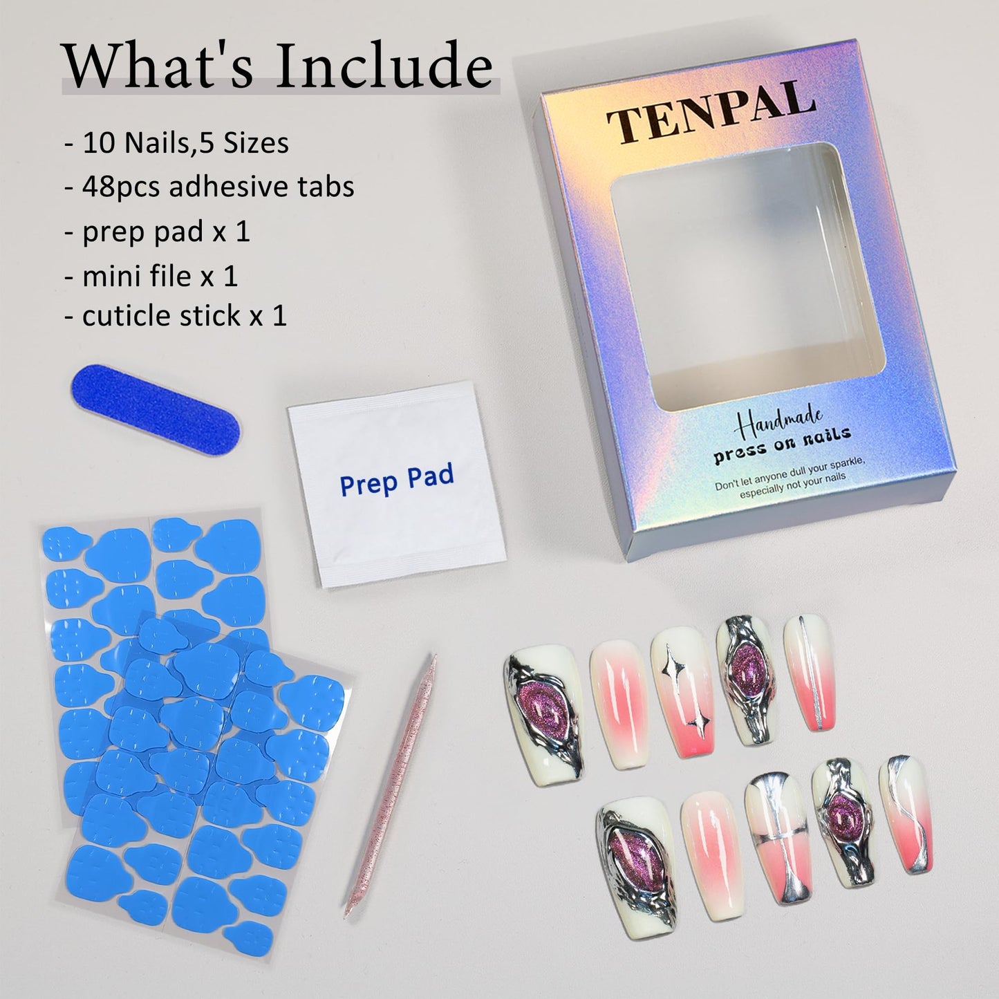 TENPAL 10pcs Coffin Press-On Nails Kit,Punk Metal Glam False Nails with Airbrush Blush Designs,Cat Eye Edgy Gradient Pink Nails with Rhinestones,Hip Hop Goth Chrome Fake Nails Set with Tools(S)