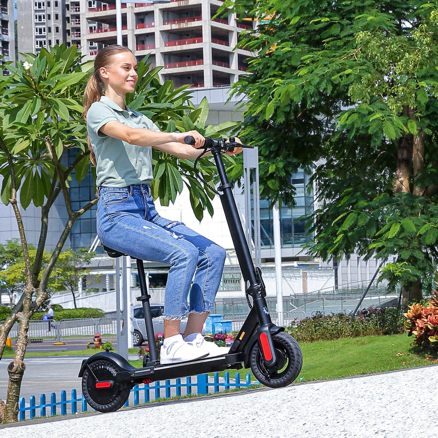 Caroma Electric Scooter 500W, Portable Folding Electric Scooter for Adults with Detachable Seat, 9" Solid Tires, Fast Commuting E Scooter w/Braking System & Shock Absorption,Blue