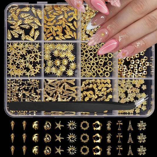 Gold Nail Charms 3D Alloy Flower Nail Gems Shiny Ocean Beach Starfish Conch Nail Jewels Multi-Shapes Metal Golden Sun Nail Art Supplies with Tweezer for Women DIY Acrylic Nail 12 Grids 1 Box