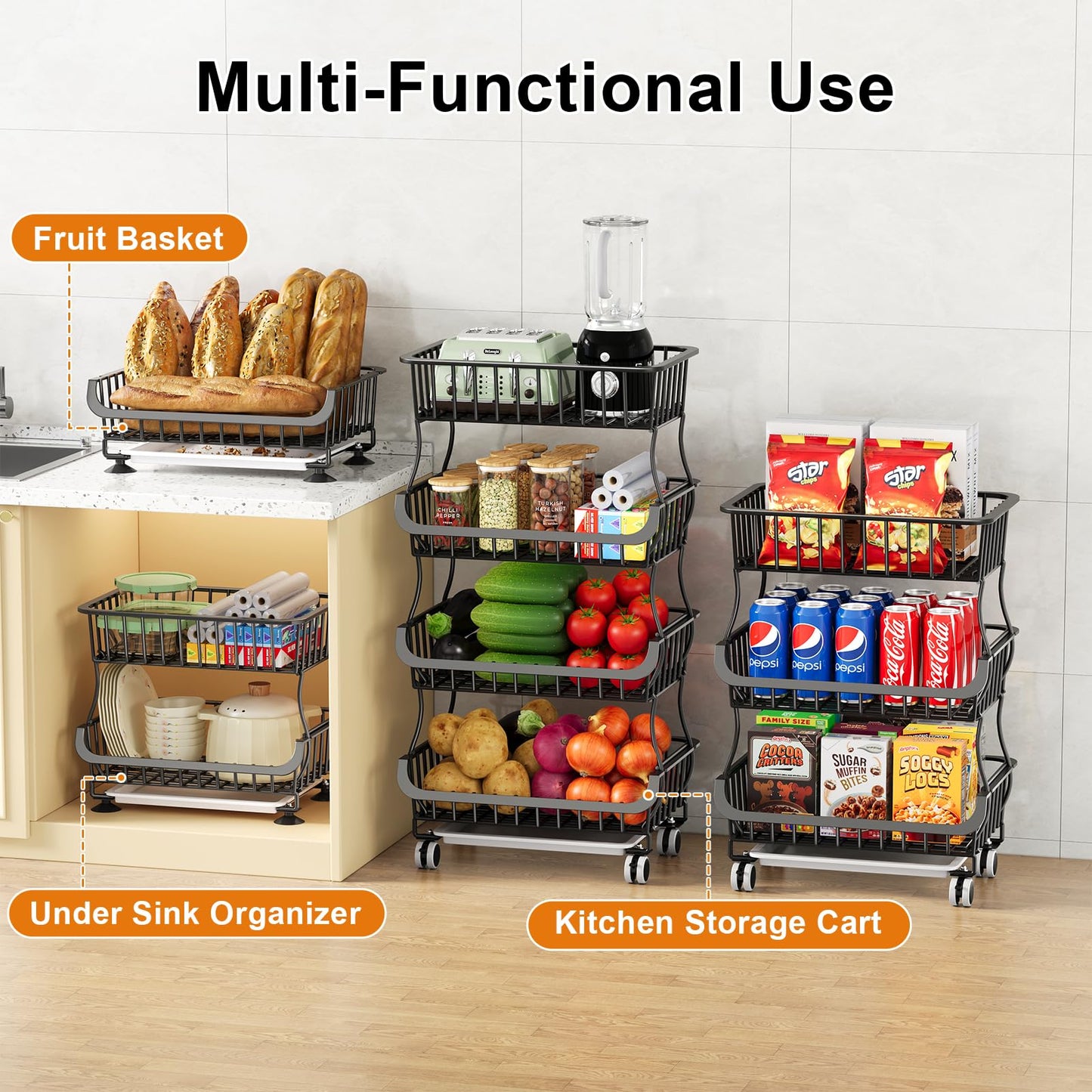 3 Tier Rolling Pantry Floor Organizers and Storage Cart with Wheels, Stackable Wire Fruit Basket Stand for Kitchen Organization, Three Tiered Pantry Storage Rack for Snack, Vegetable, Produce, Fruits