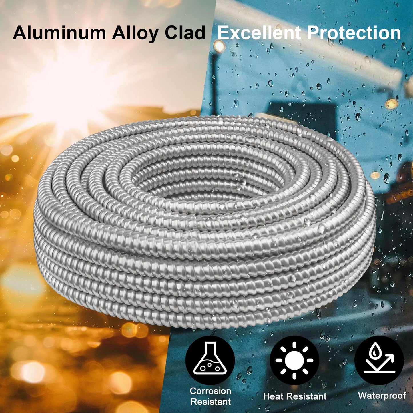 10/3 Metal Clad (MC) Cable with Ground 75ft, 10 Gauge Electric Wire with Aluminum Armor, Solid Bare Copper Conductors for Indoor Outdoor Underground Embedded Installation (10/3, 75 ft)