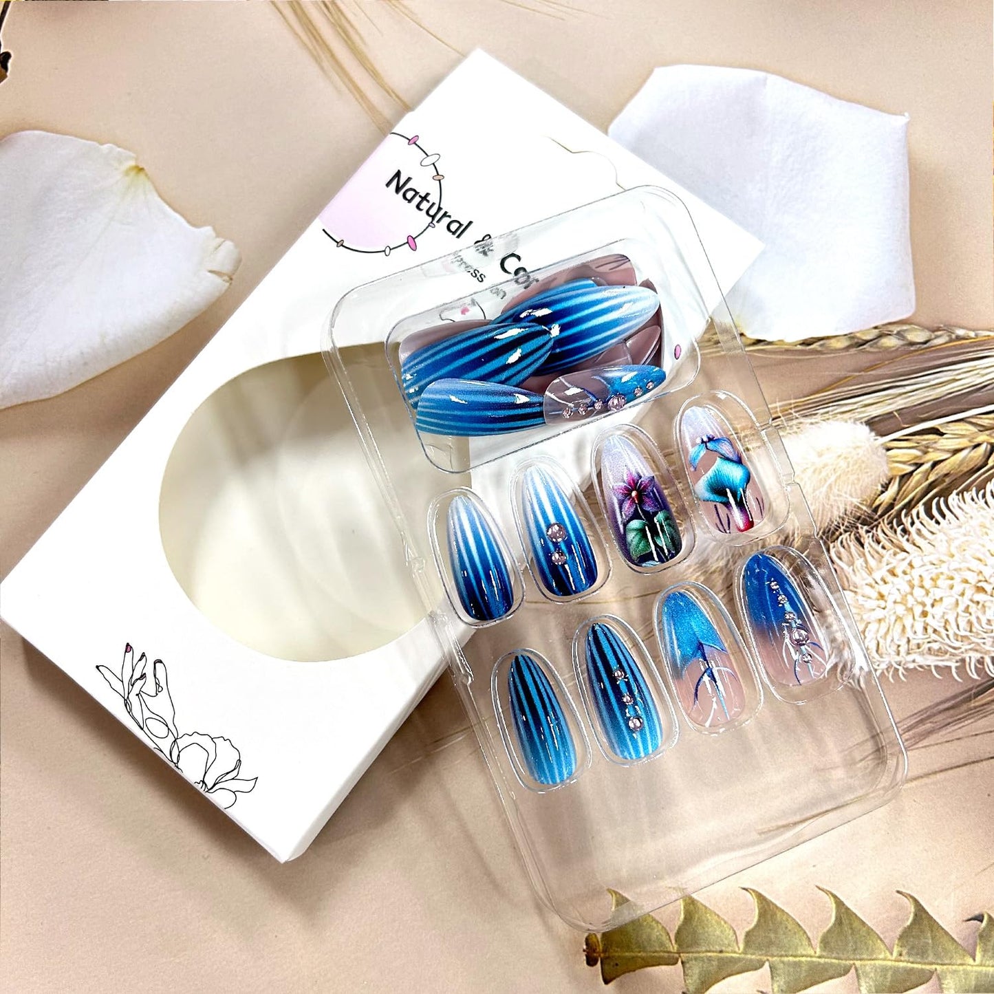 Blue Gradient French Tip Press on Nails Medium Flower Rhinestones Design Stripes False Nail Full Cover Glitter Stick on Nail Almond Tip Press Ons Manicure Glossy Reusable Glue on Nails for Women