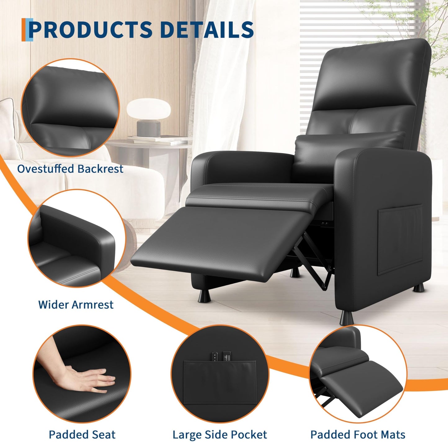Ergonomic Power Recliner Chair with Heat & Massage, Electric Recliner, Tall Back, Overstuffed PU, Side Pockets, Heated Recliner for Living Room, Home Theater & Game Rooms