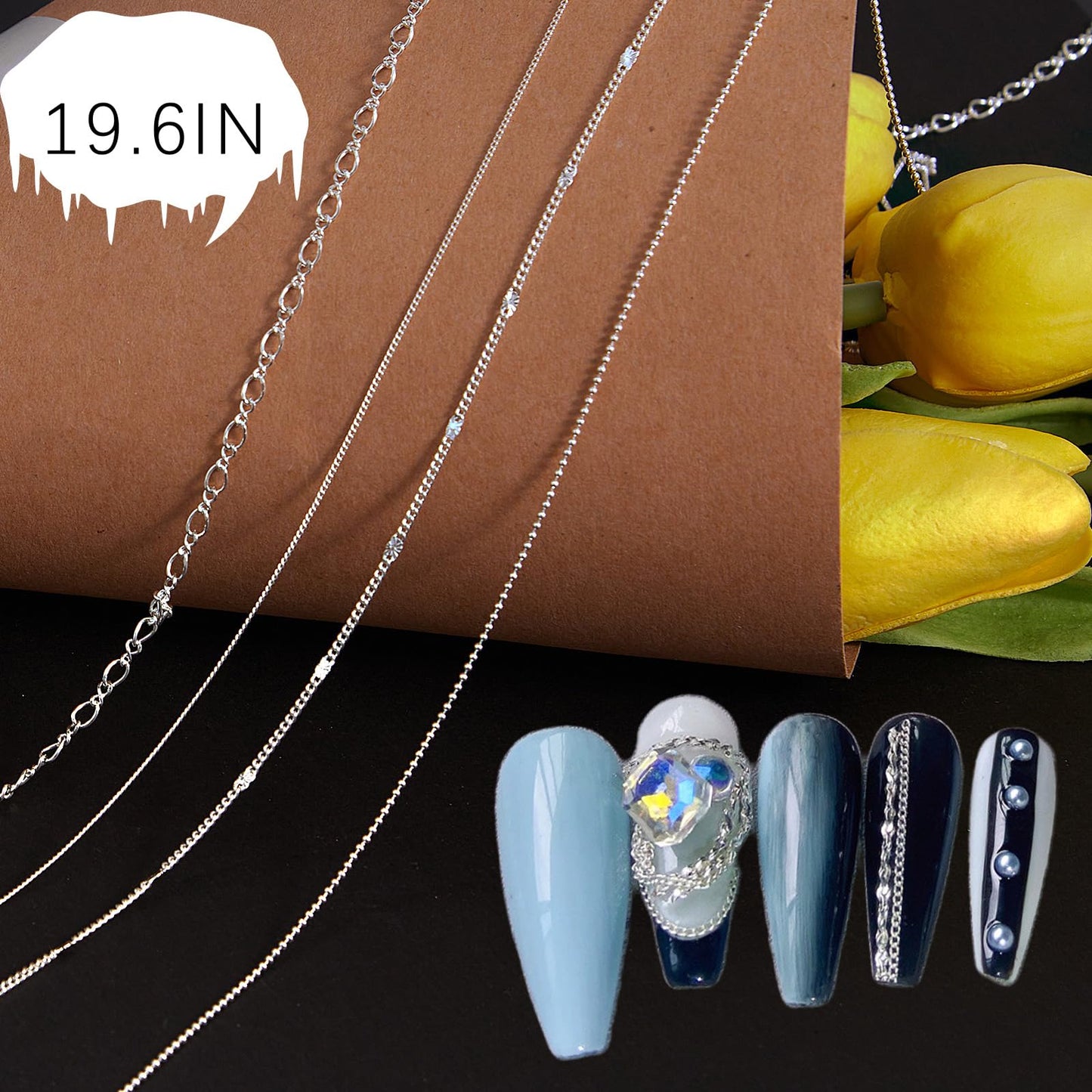 JERCLITY 9 Strips 19.7in Gold Silver Nail Chains for Nail Art 3D Gold Silver Nail Charms Metal Nail Art Chains Punk Nail Charms Accessories for Women Nail Art