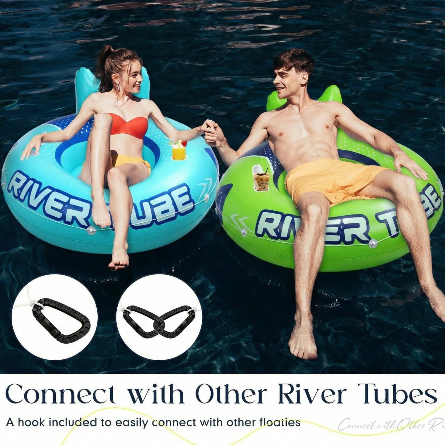 Glimin 6 Pcs Green Blue 53" Heavy Duty River Tube Float Inflatable Pool Floating Tube for Adult Large River Raft Water Chair Lounger with Mesh Bottom Backrest 2 Cup Holders and Handles, Holds 300lb