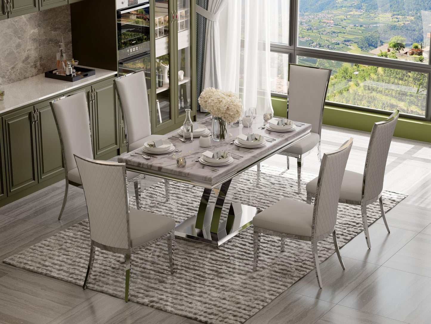 AUZ 7 Piece Dining Room Table Set for 6, White and Silver Kitchen and Dining Room Table Set with 65" Rectangle Table and 6 White Velvet Dining Chairs