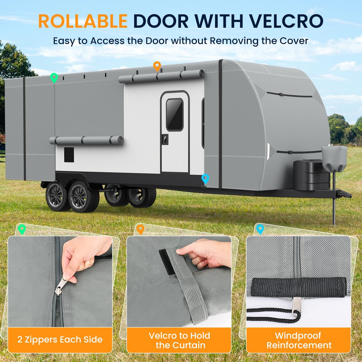 7 Layers top RV Travel Trailer Cover Fits 22'-24' Motorhome -Patuibe Upgraded RV Cover Heavy Duty Waterproof Rip-Stop Anti-UV Camper Cover with Tire Covers,Tongue Jack Cover & Gutter Covers