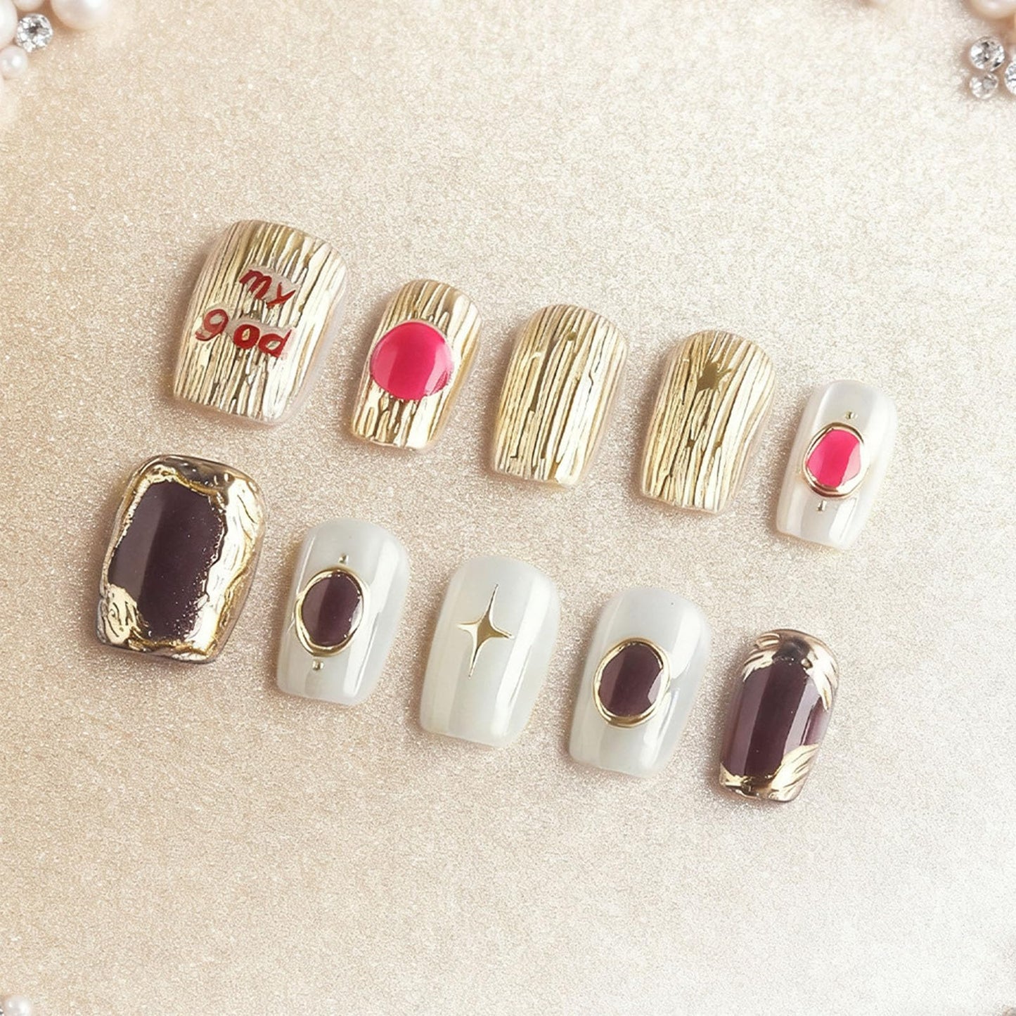 Luxury Gold Foil Press on Nails with 3D Gem Textured Design Glossy Brown Fake Nail Stars Short Square False Nails Summer Stick on Nail Starry Sky Glue on Artificial Fingernails for Women Daily Wear