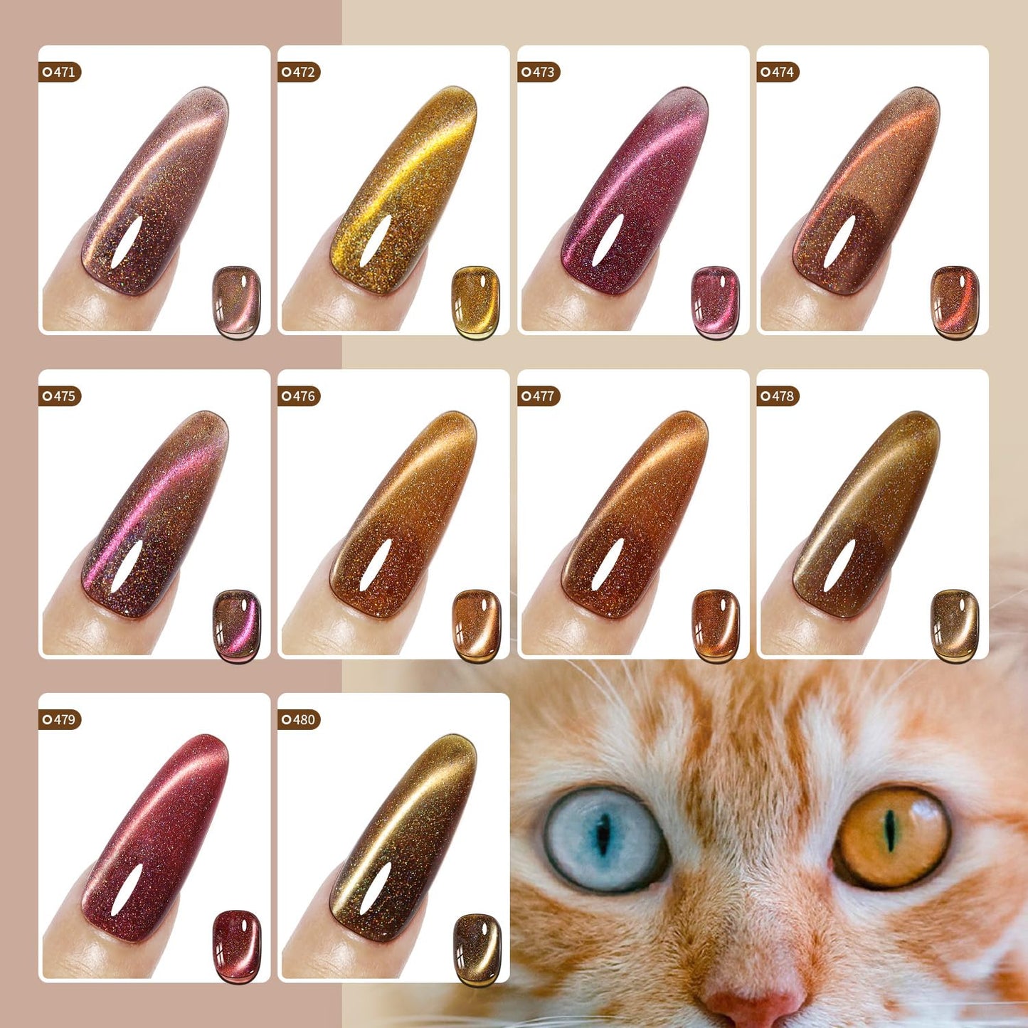 JODSONE 10 Colors Amber Rainbow Cat Eye Gel Nail Polish Set with Base Coat and Top Coat Magnetic Stick Nail Art Gifts to DIY at Home