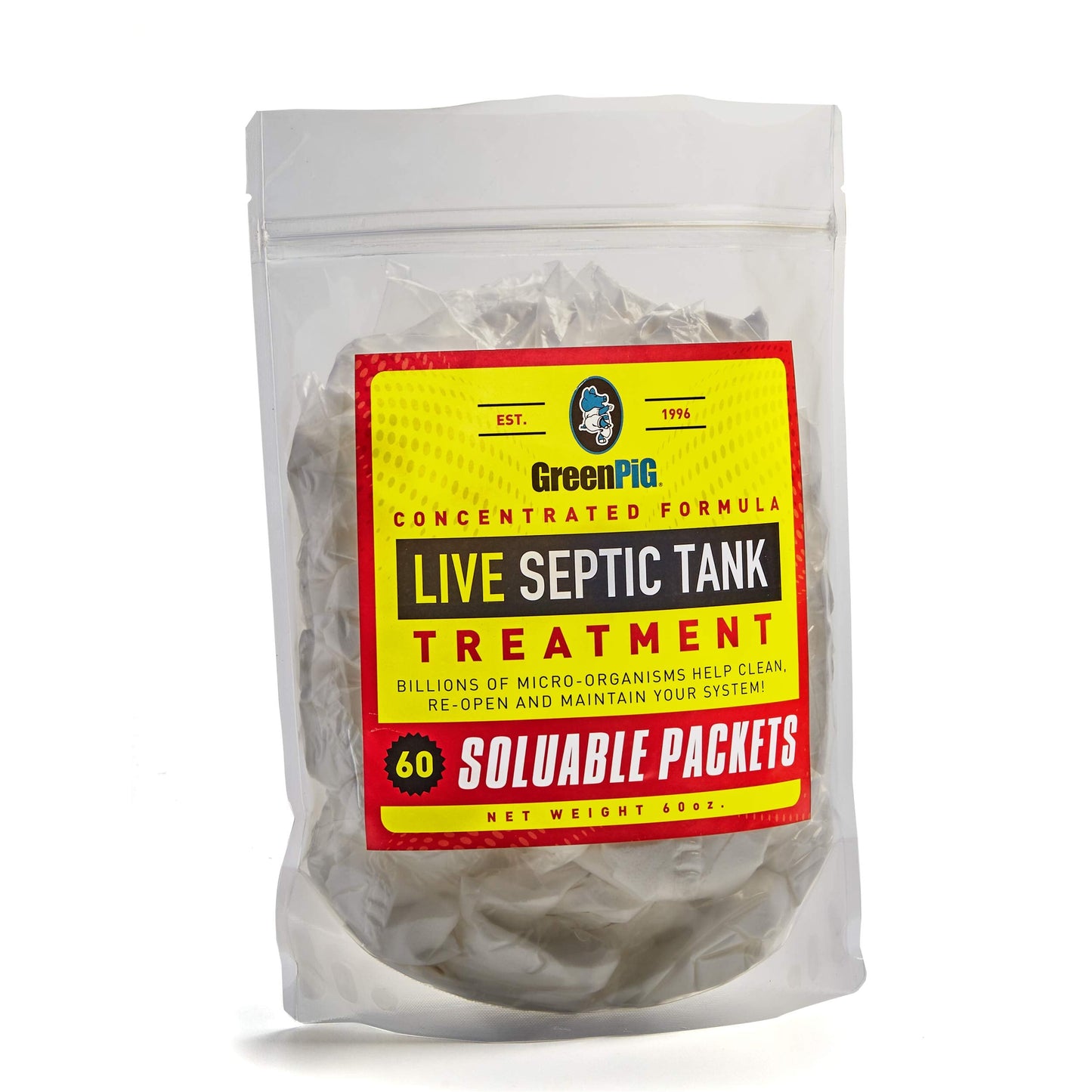 Green Pig Septic Tank Treatment Packets – Septic-Safe Enzyme Treatment for Preventative Maintenance, Helps Prevent Clogs & Odors, Shareable Supply (60 Packets)