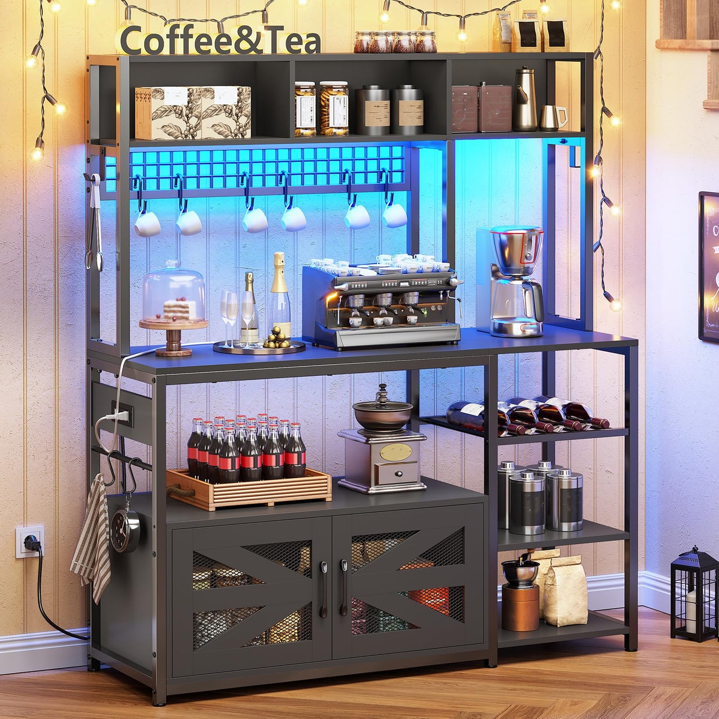 Itaar 47.2 Inch Bakers Rack with Power Outlet, Microwave Stand with Storage, Farmhouse Coffee Bar Cabinet Station with Wine Rack, Iron Mesh and 8-S Hooks (Black)