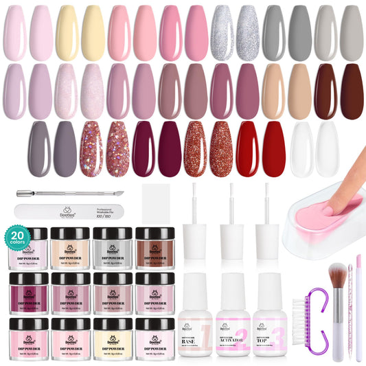 Beetles 36Pcs Dip Powder Nail Kit Starter, 20 Colors Nude Pink Yellow Gray Glitter Burgundy Dipping Powder Set with Base Top Coat Activator Brush Saver for Nail Art Summer Manicure Gift for Women