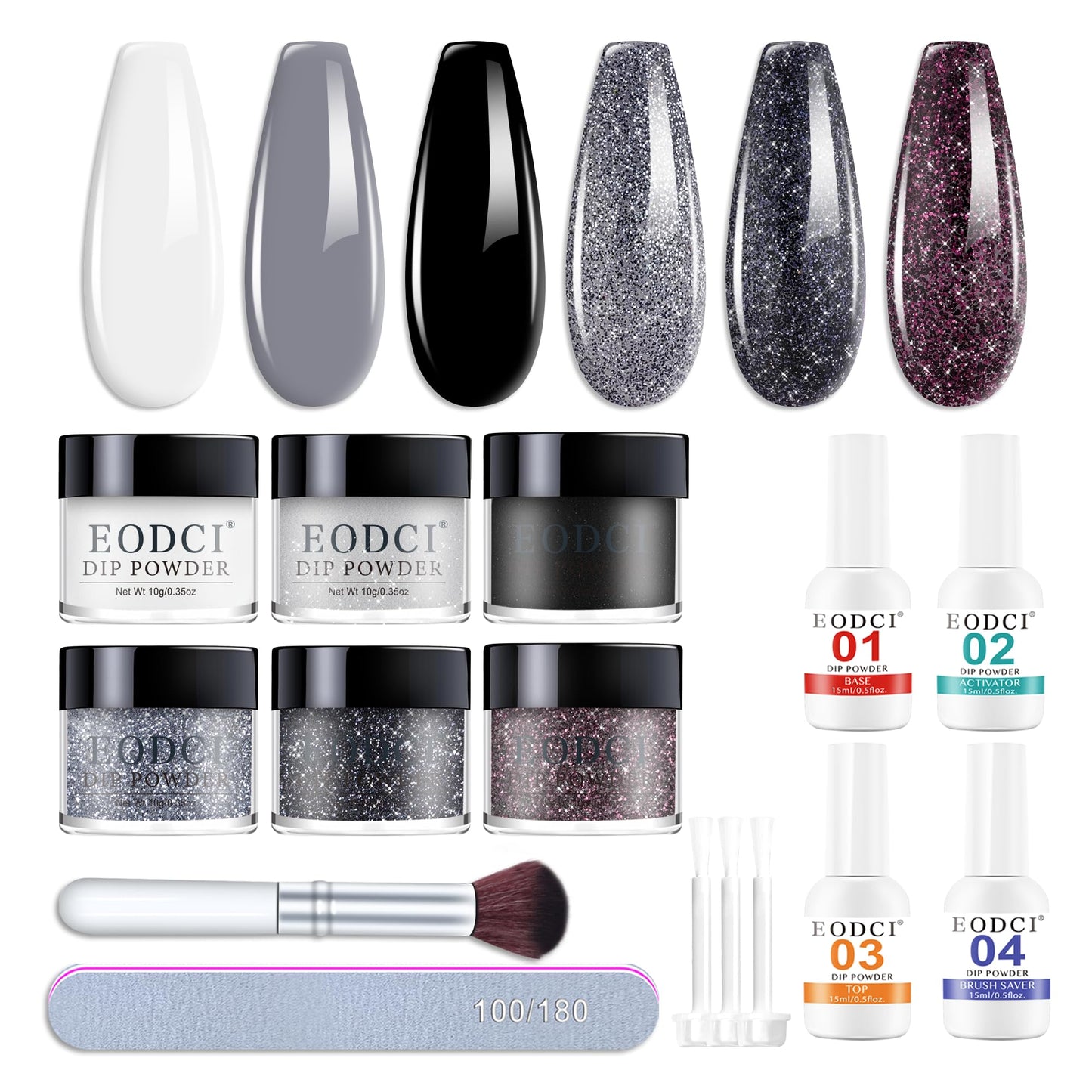 Eodci Dip Powder Nail Kit Starter, 6 Colors Glitter Dark Black White Dipping Powder Kit With Base & Top Coat/Activator/Brush Saver, Nail Art Manicure Salon DIY for Daily at Home Party Gifts for Women