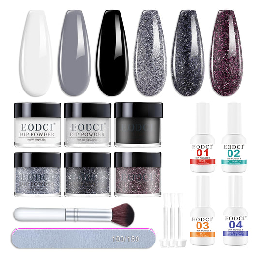 Eodci Dip Powder Nail Kit Starter, 6 Colors Glitter Dark Black White Dipping Powder Kit With Base & Top Coat/Activator/Brush Saver, Nail Art Manicure Salon DIY for Daily at Home Party Gifts for Women